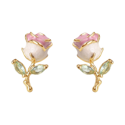 Blush Rose - 14K Gold-Plated Enamel Rose Stud Earrings