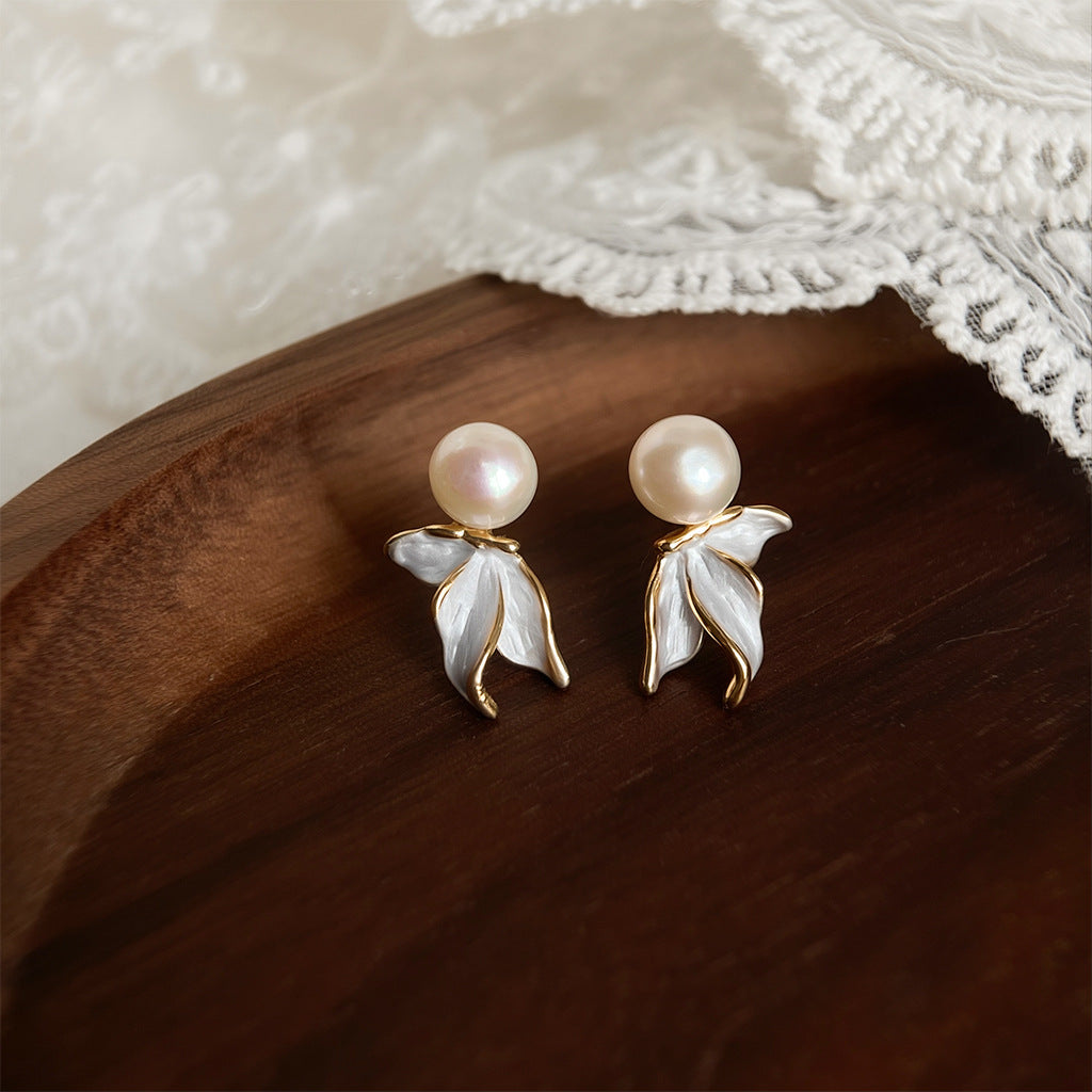 Pearl Leaf - 14K Gold-Plated Enamel Freshwater Pearl Leaf Stud Earrings