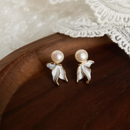 Pearl Leaf - 14K Gold-Plated Enamel Freshwater Pearl Leaf Stud Earrings