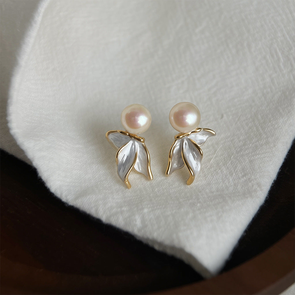 Pearl Leaf - 14K Gold-Plated Enamel Freshwater Pearl Leaf Stud Earrings