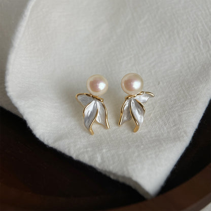 Pearl Leaf - 14K Gold-Plated Enamel Freshwater Pearl Leaf Stud Earrings