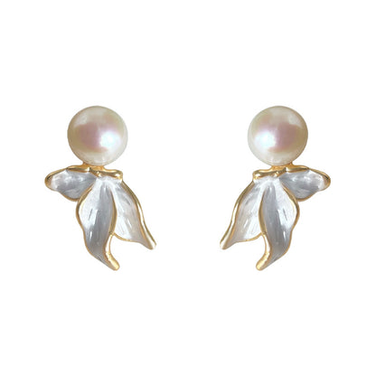 Pearl Leaf - 14K Gold-Plated Enamel Freshwater Pearl Leaf Stud Earrings