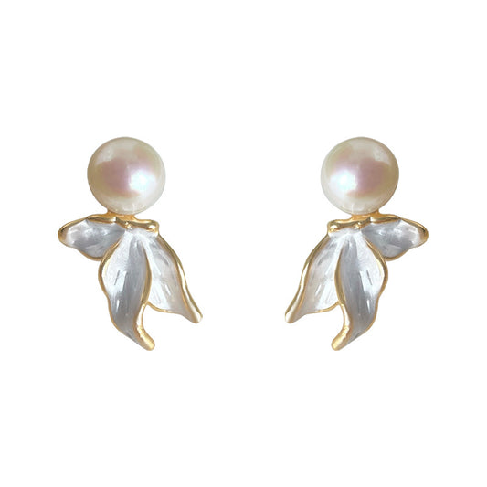 Pearl Leaf - 14K Gold-Plated Enamel Freshwater Pearl Leaf Stud Earrings