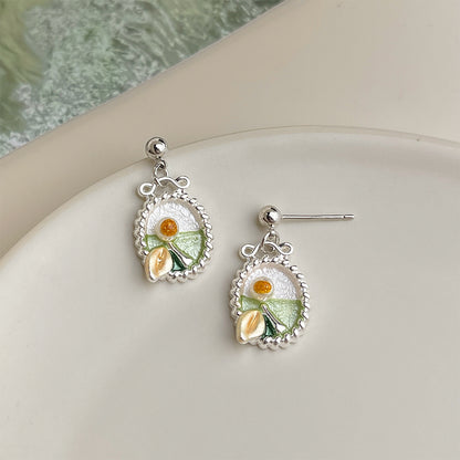 Pearl Ribbon - White Gold-Tone Plated Enamel Floral Bow Pearl Stud Earrings