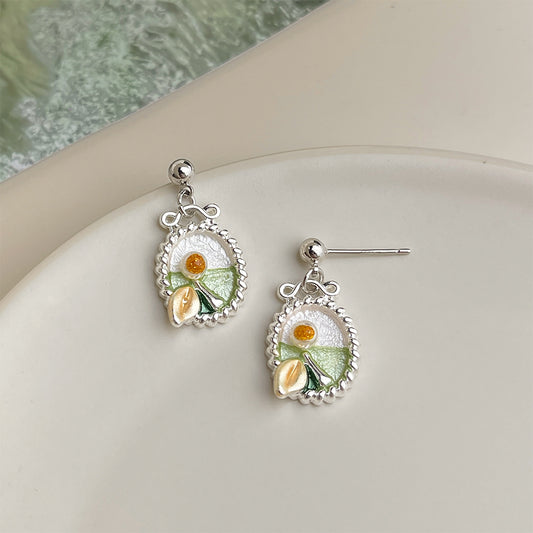 Pearl Ribbon - White Gold-Tone Plated Enamel Floral Bow Pearl Stud Earrings