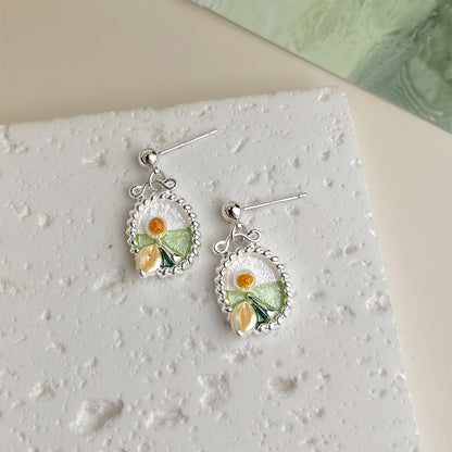 Pearl Ribbon - White Gold-Tone Plated Enamel Floral Bow Pearl Stud Earrings