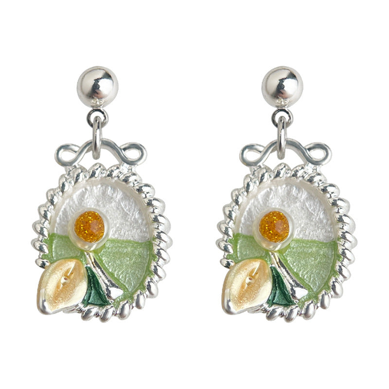 Pearl Ribbon - White Gold-Tone Plated Enamel Floral Bow Pearl Stud Earrings