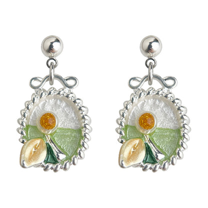 Pearl Ribbon - White Gold-Tone Plated Enamel Floral Bow Pearl Stud Earrings