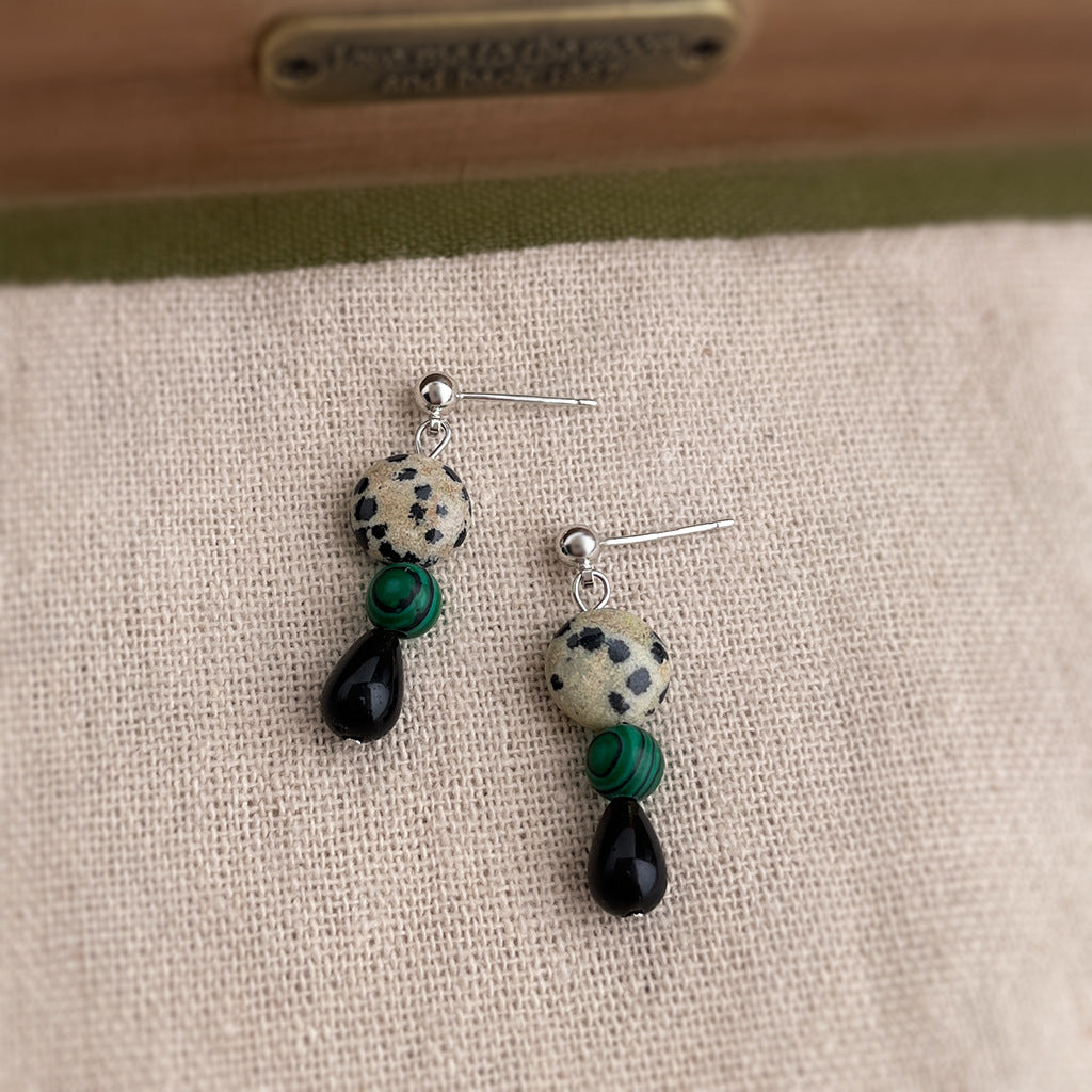 Mosaic Night - White-Gold-Tone-Plated Malachite and Black Agate Drop Earrings
