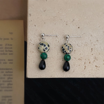 Mosaic Night - White-Gold-Tone-Plated Malachite and Black Agate Drop Earrings