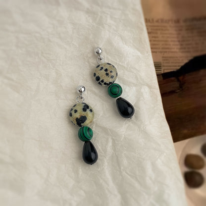 Mosaic Night - White-Gold-Tone-Plated Malachite and Black Agate Drop Earrings