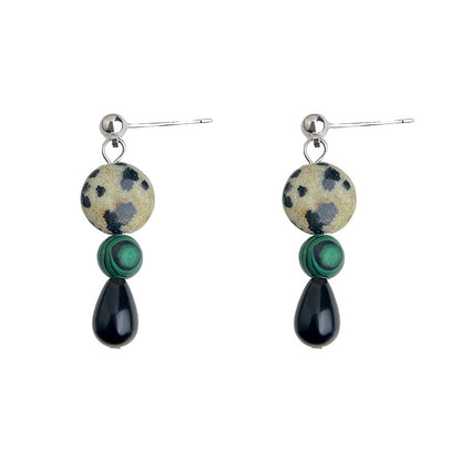 Mosaic Night - White-Gold-Tone-Plated Malachite and Black Agate Drop Earrings