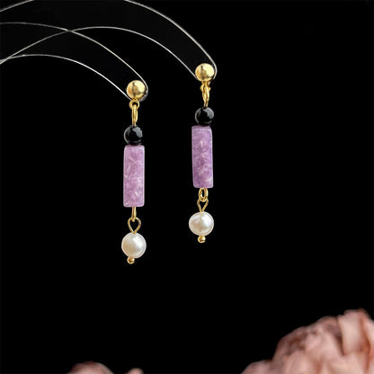 Violet Balance - 14K Gold-Plated Natural Amethyst, Black Agate and Freshwater Pearl Drop Earrings