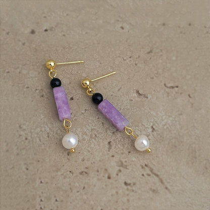 Violet Balance - 14K Gold-Plated Natural Amethyst, Black Agate and Freshwater Pearl Drop Earrings