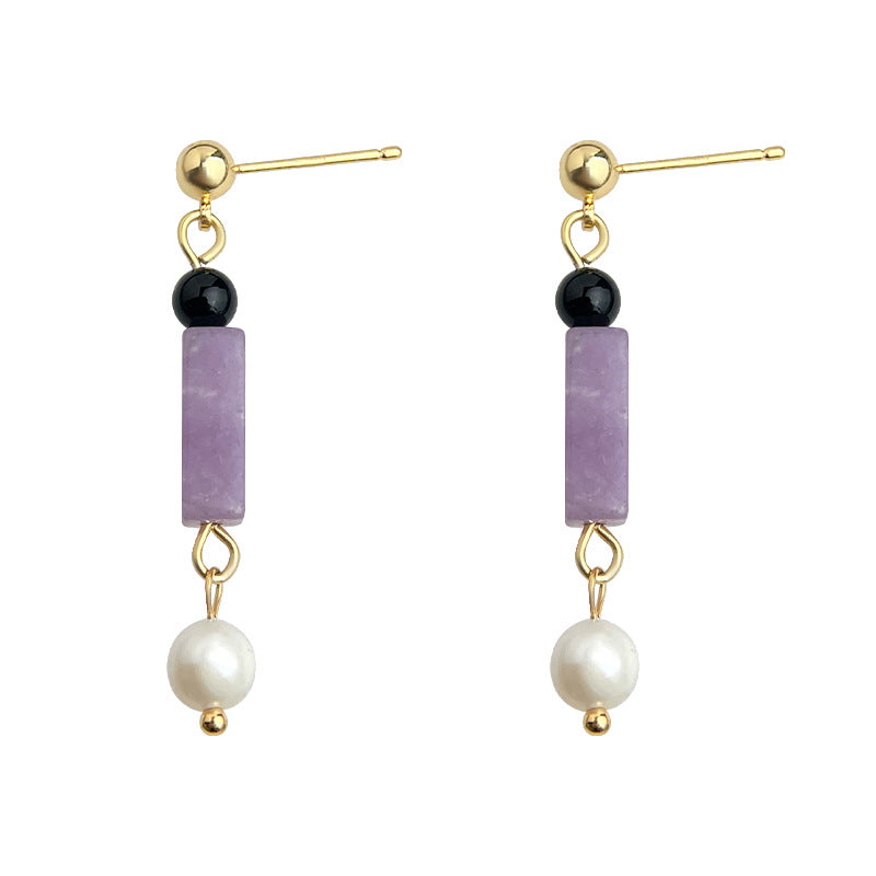 Violet Balance - 14K Gold-Plated Natural Amethyst, Black Agate and Freshwater Pearl Drop Earrings