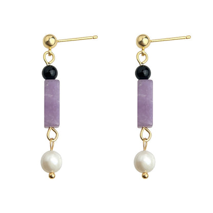 Violet Balance - 14K Gold-Plated Natural Amethyst, Black Agate and Freshwater Pearl Drop Earrings