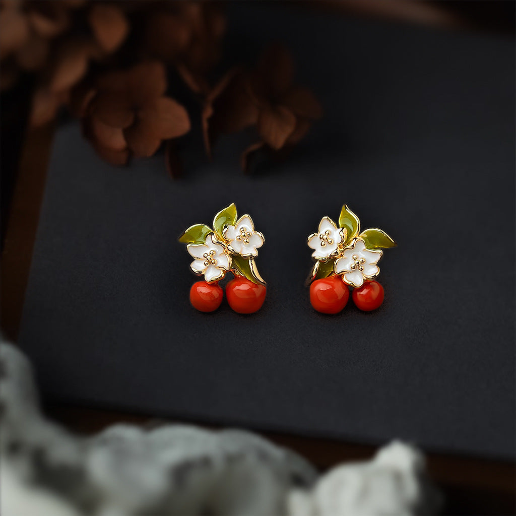 Cherry Day - 14K Gold-Plated Enamel Cherry Blossom Stud Earrings