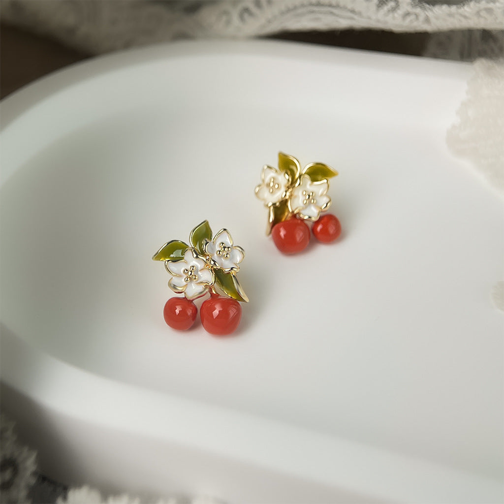 Cherry Day - 14K Gold-Plated Enamel Cherry Blossom Stud Earrings