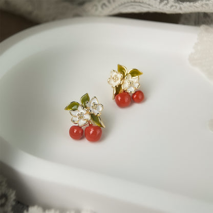 Cherry Day - 14K Gold-Plated Enamel Cherry Blossom Stud Earrings