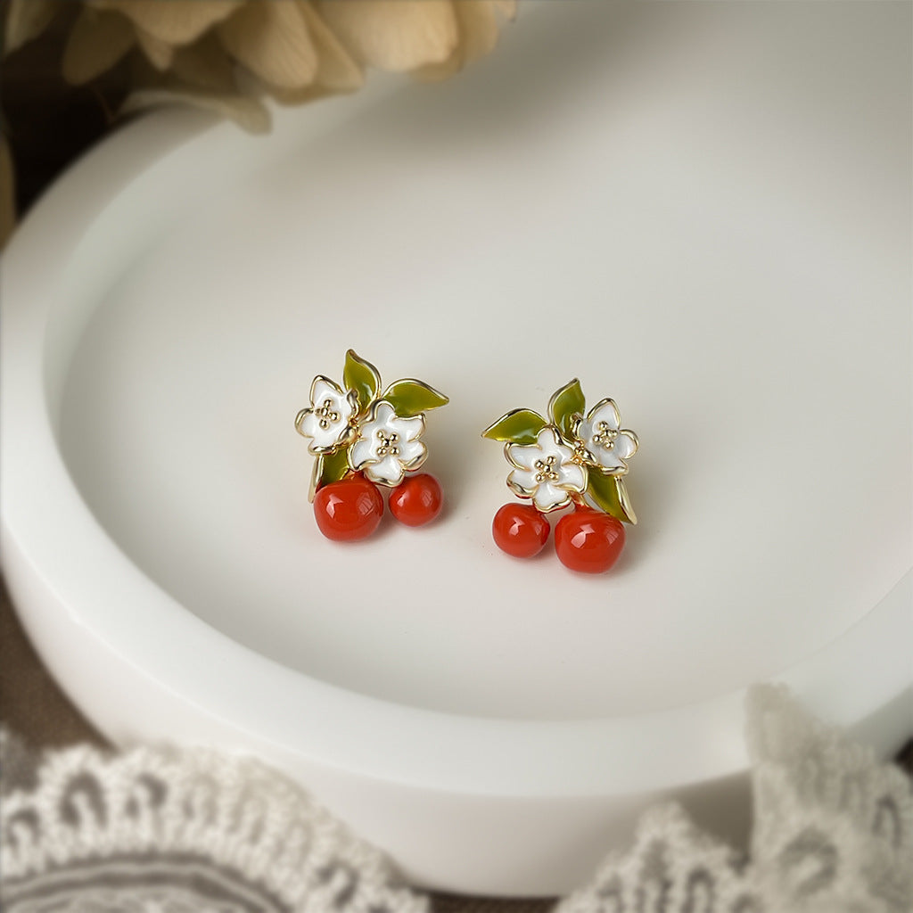 Cherry Day - 14K Gold-Plated Enamel Cherry Blossom Stud Earrings