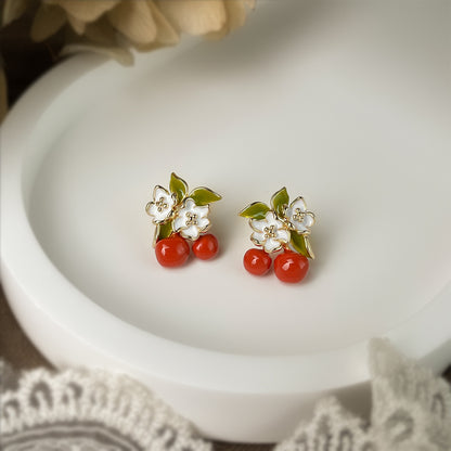 Cherry Day - 14K Gold-Plated Enamel Cherry Blossom Stud Earrings