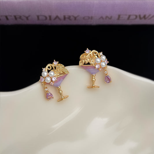Evening Toast - 14K Gold-Plated Enamel Wine Glass Pearl Stud Earrings