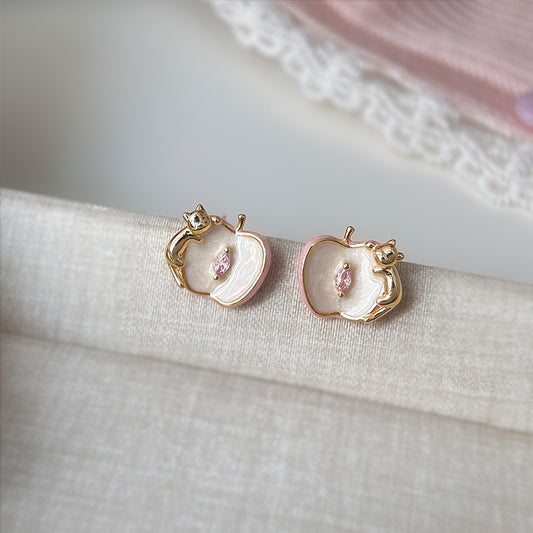 Whimsy Bite - 14K Gold-Plated Enamel Cat and Apple Stud Earrings