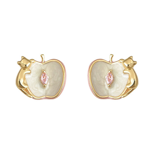 Whimsy Bite - 14K Gold-Plated Enamel Cat and Apple Stud Earrings