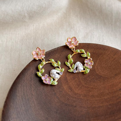 Garden Guest - 14K Gold-Plated Enamel Rabbit Wreath Stud Earrings