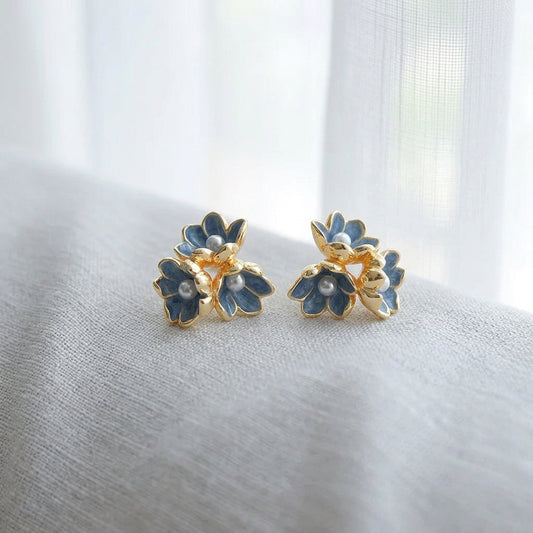 Blue Clarity - 14K Gold-Plated Enamel Iris Stud Earrings