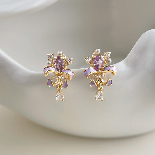 Violet Dew - 14K Gold-Plated Enamel Floral Pearl Drop Stud Earrings