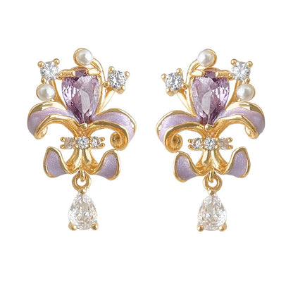 Violet Dew - 14K Gold-Plated Enamel Floral Pearl Drop Stud Earrings