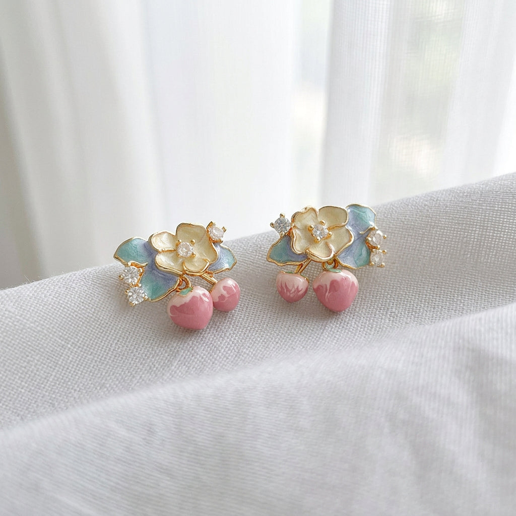 Camellia - 14K Gold-Plated Enamel Camellia and Cherry Stud Earrings