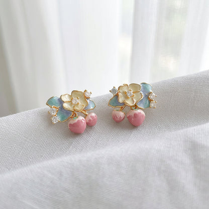 Camellia - 14K Gold-Plated Enamel Camellia and Cherry Stud Earrings