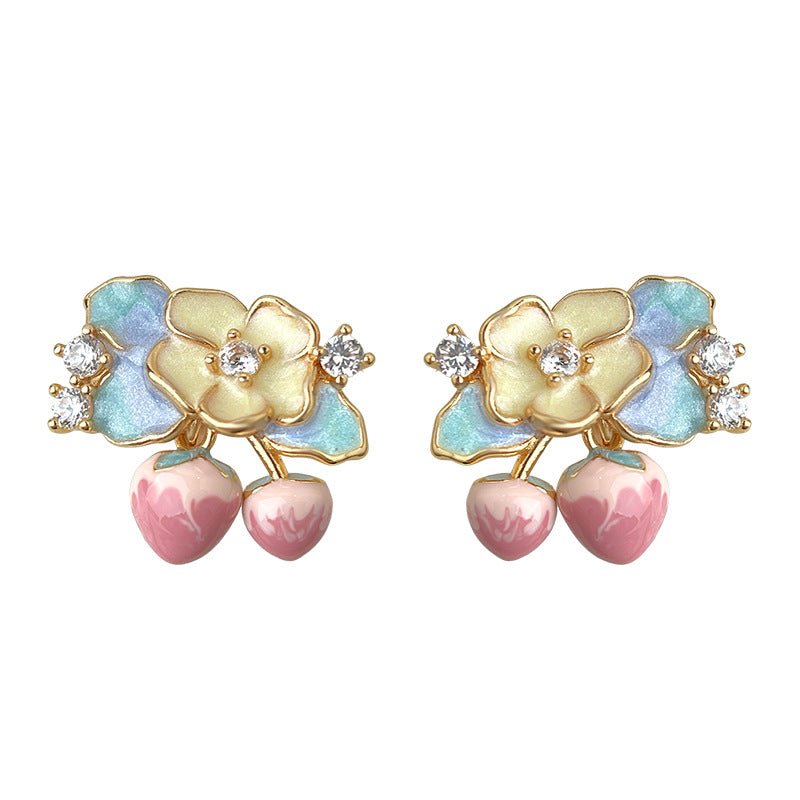 Camellia - 14K Gold-Plated Enamel Camellia and Cherry Stud Earrings