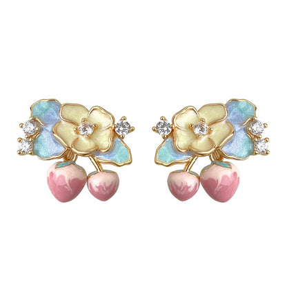 Camellia - 14K Gold-Plated Enamel Camellia and Cherry Stud Earrings