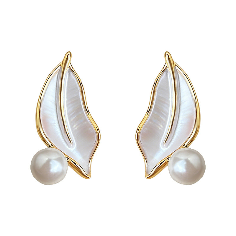 Soft Laurel - 14K Gold-Plated Enamel Leaf Glass Pearl Stud Earrings