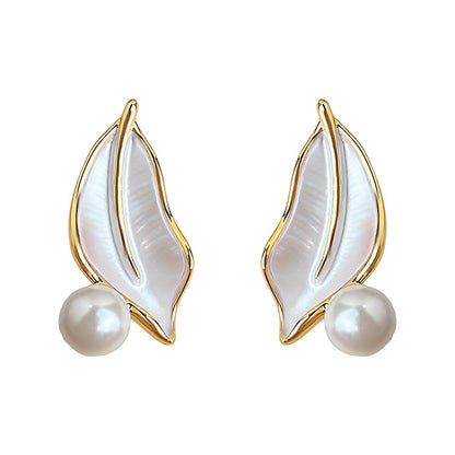Soft Laurel - 14K Gold-Plated Enamel Leaf Glass Pearl Stud Earrings