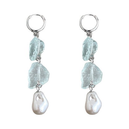 Long Blue Hour - White-Gold-Tone-Plated Natural Blue Crystal and Baroque Pearl Drop Earrings