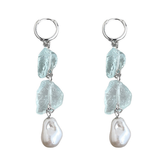 Long Blue Hour - White-Gold-Tone-Plated Natural Blue Crystal and Baroque Pearl Drop Earrings