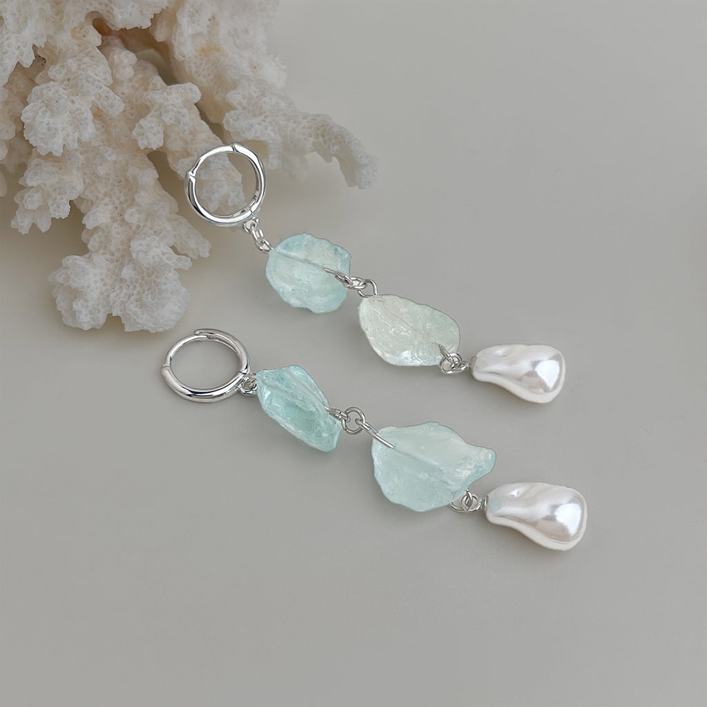 Long Blue Hour - White-Gold-Tone-Plated Natural Blue Crystal and Baroque Pearl Drop Earrings