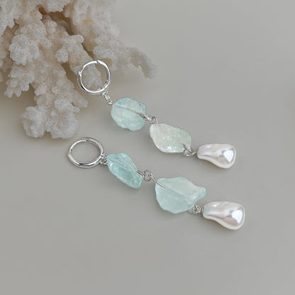 Long Blue Hour - White-Gold-Tone-Plated Natural Blue Crystal and Baroque Pearl Drop Earrings
