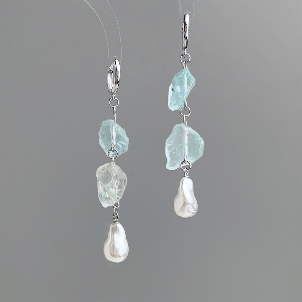 Long Blue Hour - White-Gold-Tone-Plated Natural Blue Crystal and Baroque Pearl Drop Earrings