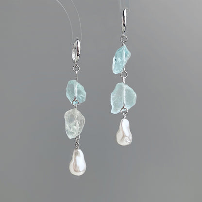 Long Blue Hour - White-Gold-Tone-Plated Natural Blue Crystal and Baroque Pearl Drop Earrings