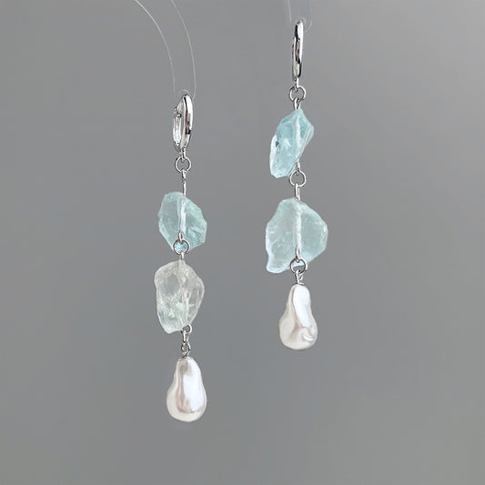 Long Blue Hour - White-Gold-Tone-Plated Natural Blue Crystal and Baroque Pearl Drop Earrings