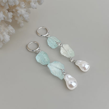 Long Blue Hour - White-Gold-Tone-Plated Natural Blue Crystal and Baroque Pearl Drop Earrings