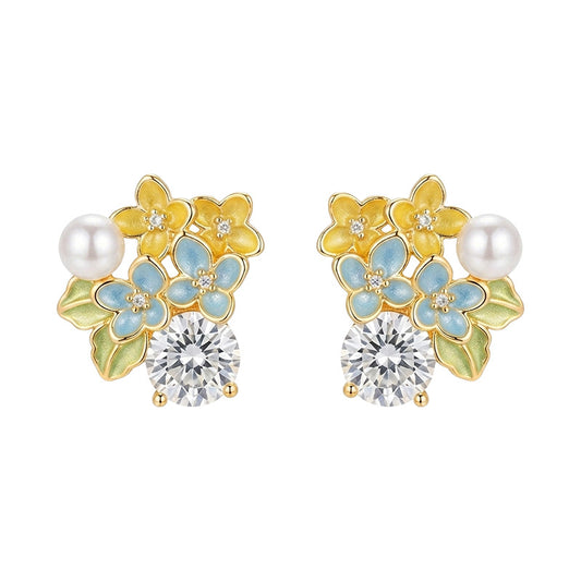 Honey Bloom - 18K Gold-Plated Enamel Floral Pearl Stud Earrings