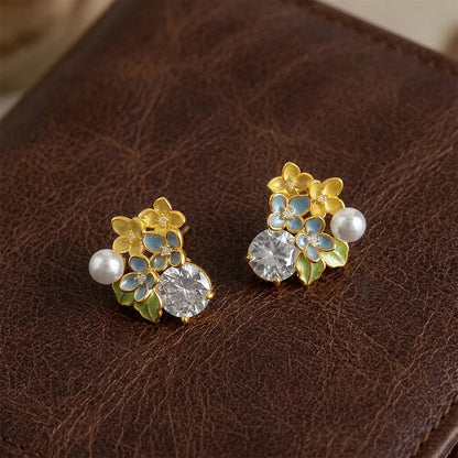 Honey Bloom - Boucles d'oreilles puces à fleurs en émail plaqué or 18 carats avec perle
