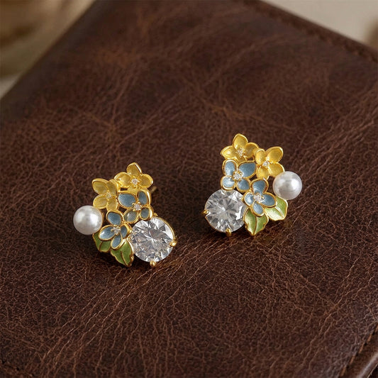 Honey Bloom - 18K Gold-Plated Enamel Floral Pearl Stud Earrings
