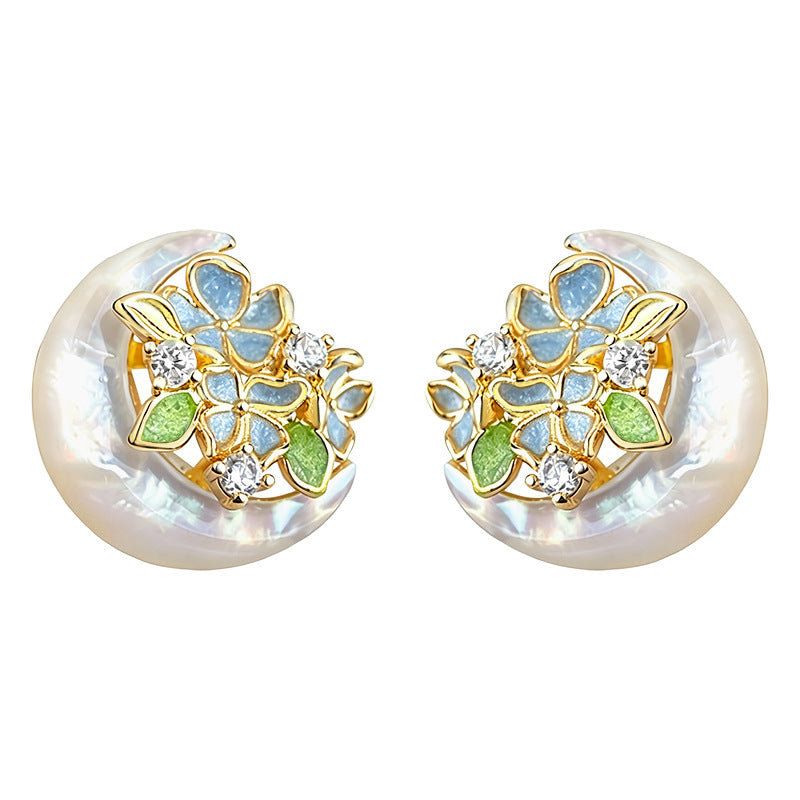 Pale Nacre - 18K Gold-Plated Enamel Mother-of-Pearl Floral Stud Earrings
